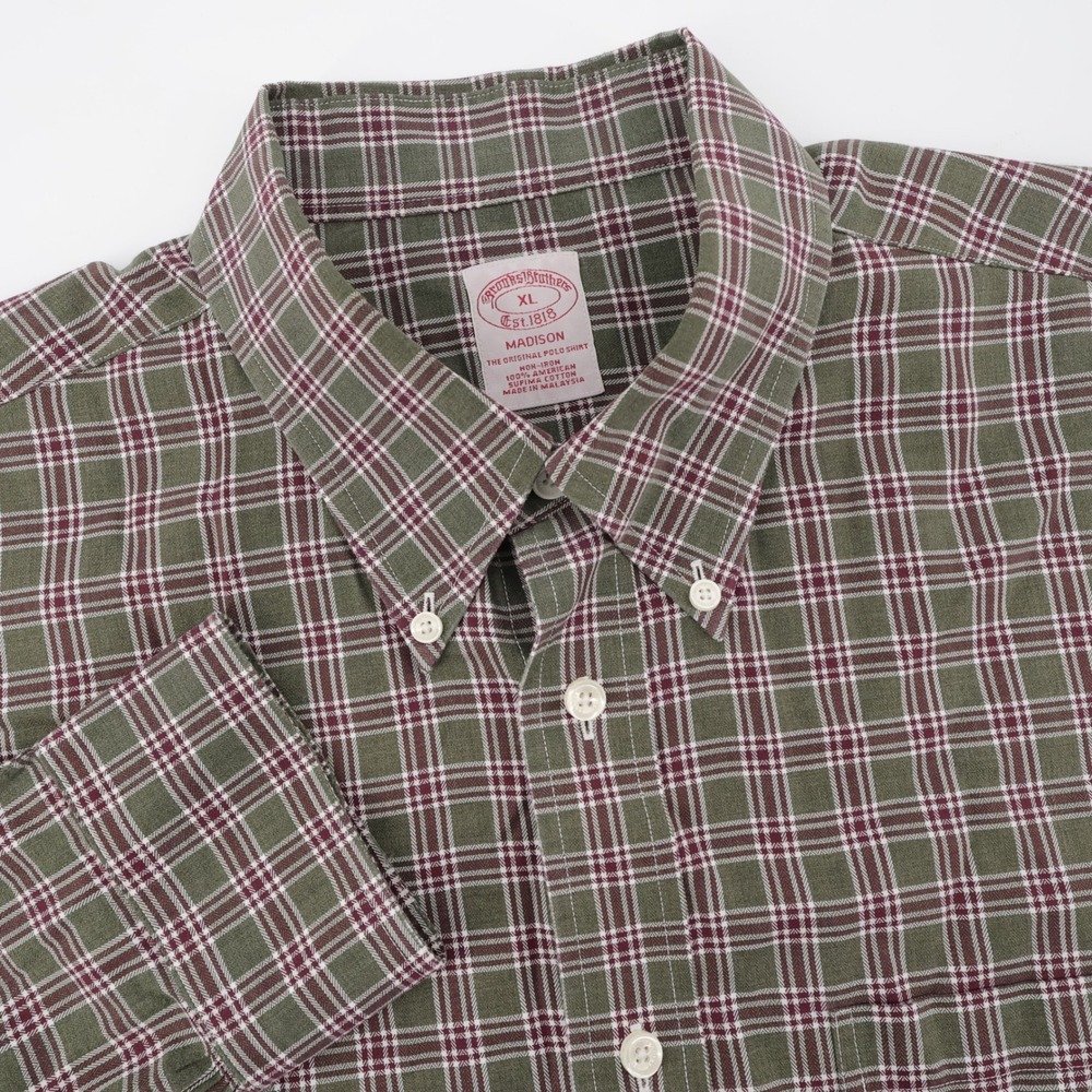 Brooks Brothers Madison Non-Iron Plaid Shirt Green Long Sleeve Mens XL